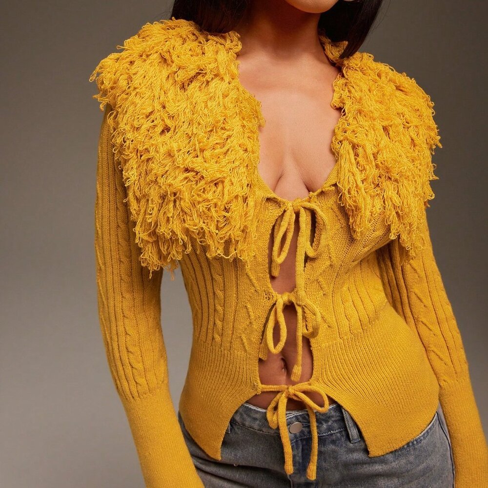 Yellow Casual Women's Fringe Detail Open Front Sweater Cardigan - Picture 7 of 7